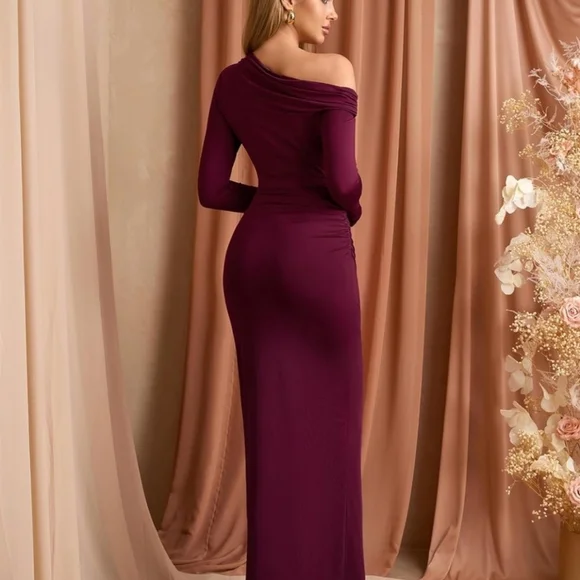 Women's Long Sleeve Bodycon Maxi Dress One Shoulder Ruched Fall Formal Wedding G - Picture 5 of 6